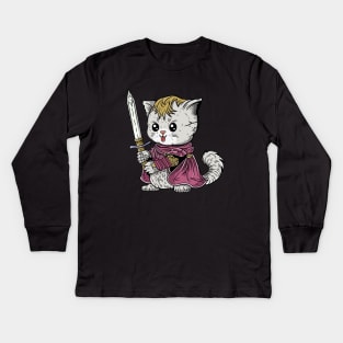 Cute Cat Warrior With Giant Sword Weapon and Red Hood Kids Long Sleeve T-Shirt